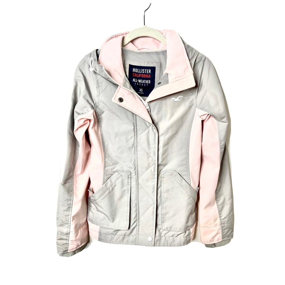 Hollister Youth Gray Pink Windbreaker All Weather Hoodie Jacket Sz XS